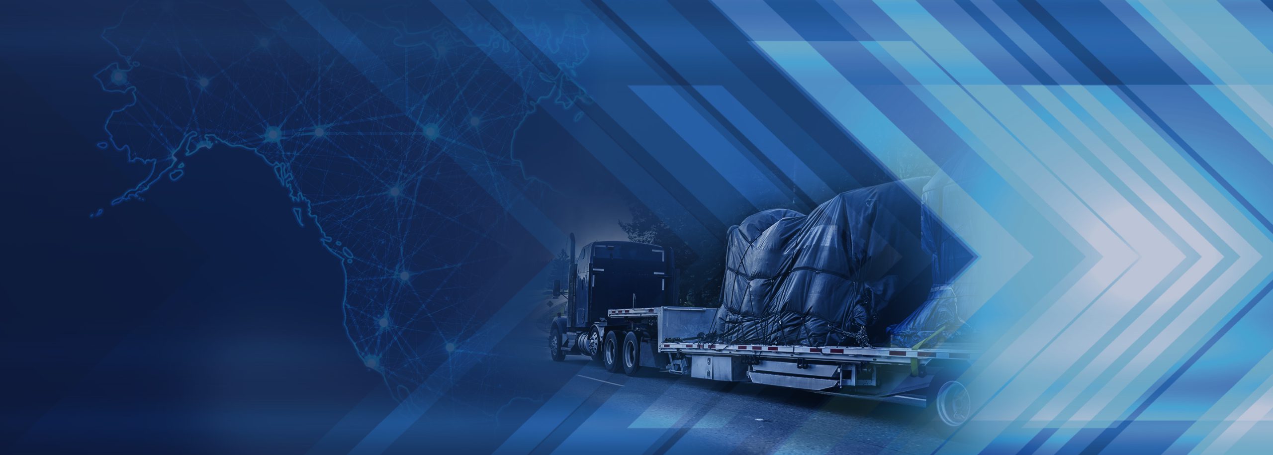 Flatbed truck carrying wrapped CNC machinery against a blue network graphic